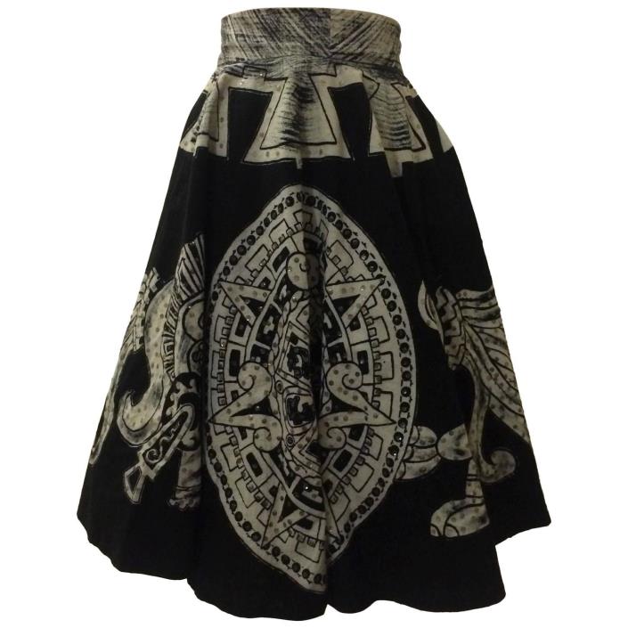 VTG 1950s Aztec Calendar Warrior Black White Circle Tourist Souvenir Skirt M 30