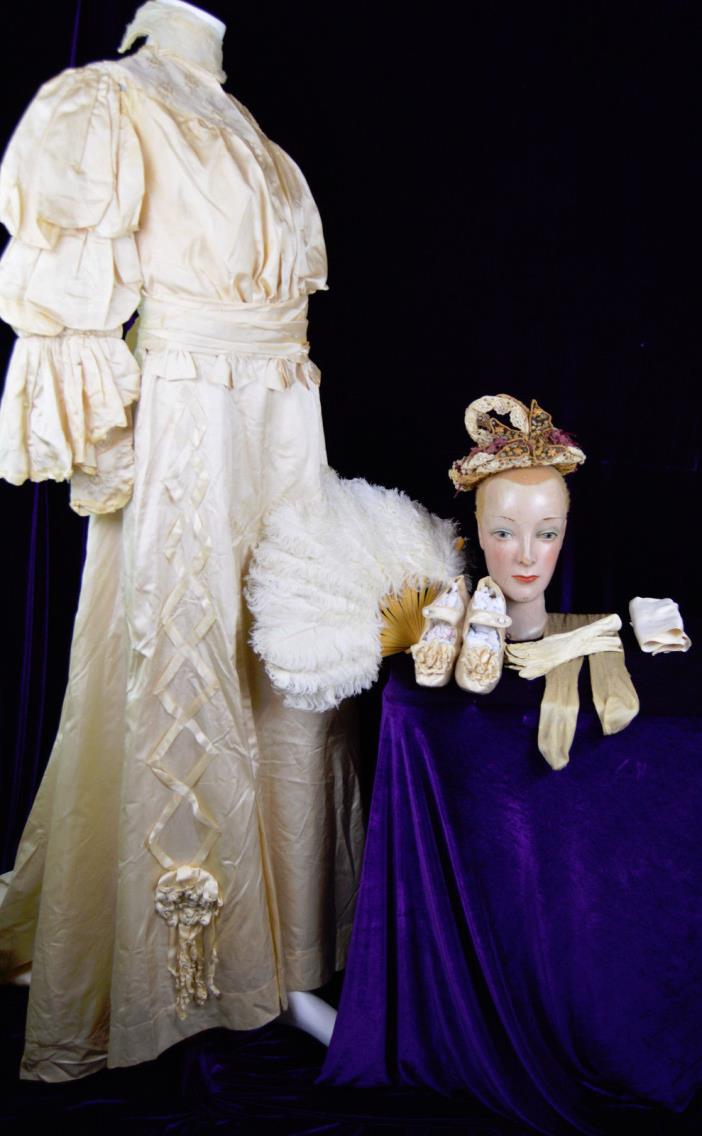 Dated 1902 Wedding Dress Hat Shoes Stockings Provenance Fan Edwardian
