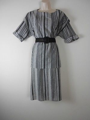 Vintage 70s DRESS Gray with Black Stripes Tunic Overlay with Black Size 8 Belt