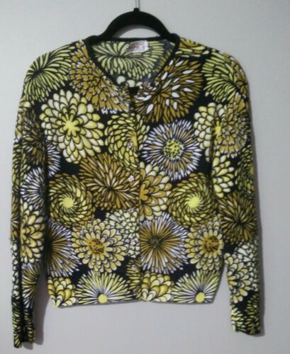 VTG 50s black mustard cardi sweater Crepe-lene floral pearl buttons L G113
