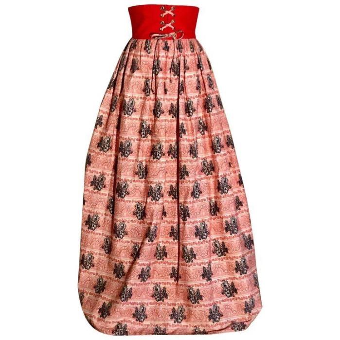Vintage Boho Festival Floral Maxi Skirt Red White Black Lace Up Waist XS 0/2