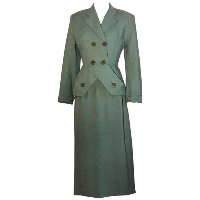 Schiaparelli VTG 1950s Green Jacket and Skirt Suit Set with Crossover Detail S
