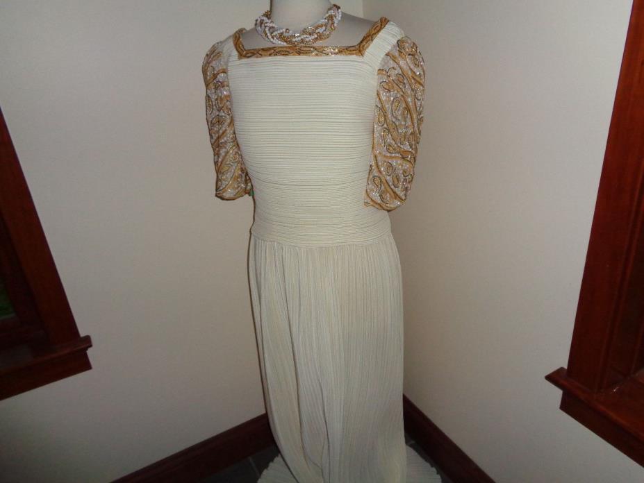 Vintage Richilene Dress/Gown Beaded  IVORY Accordion Pleat SIZE 10-12
