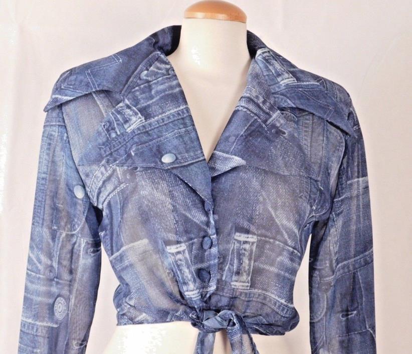 VTG 80s Melissa Robyn Butterfly Collar denim jeans sheer blouse halter tie top M