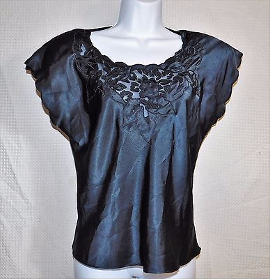 VTG 80s Womens NATORI HOLT RENFREW black floral applique shirt (pj?) blouse sz M