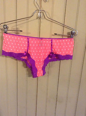 Pink panties with white polka dots & purple trim  size large