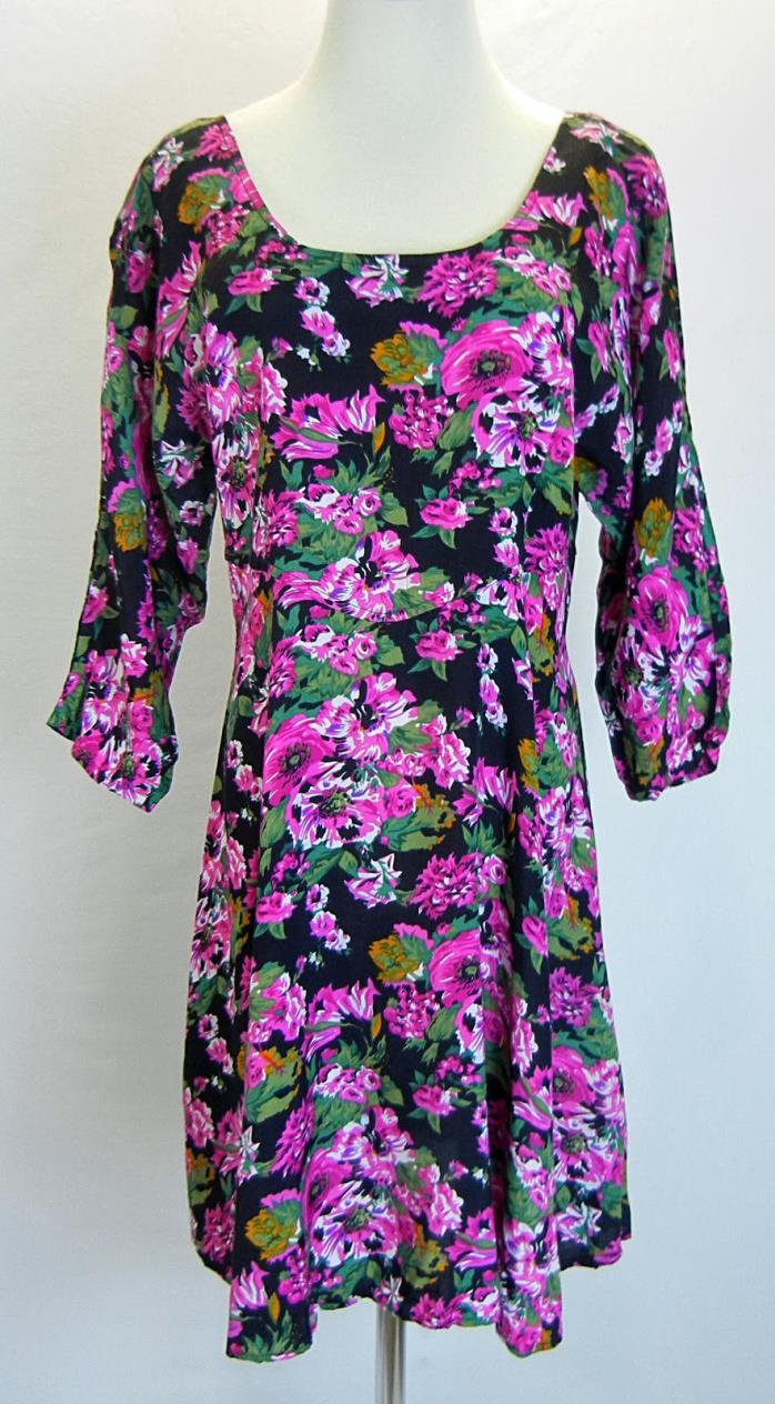 Vintage RABBIT DESIGNS Womens Babydoll Mini Dress Rayon Thin Floral Fuchsia 7 8