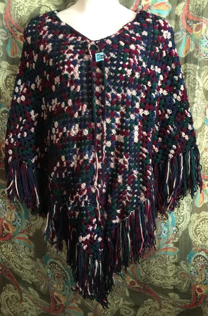 vtg 70s Hippie Boho Open Knit Fringed  Sweater Cape Poncho Overlay M/L