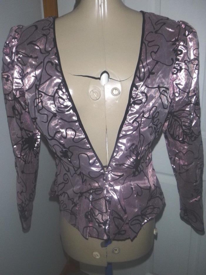 Vtg 80's Pink Metallic Foil Black Velvet Flocked Peplum Jacket Sz M