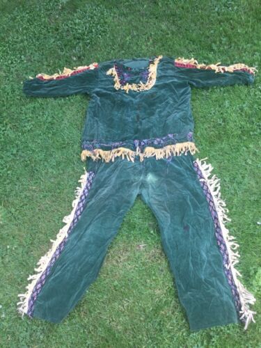 Vintage Reenactment Frontierswoman Or Indian Green Outfit With Fringe & Beads