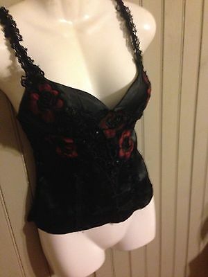 Stunning Vintage Al Kris look longline black bra with red roses lacy small