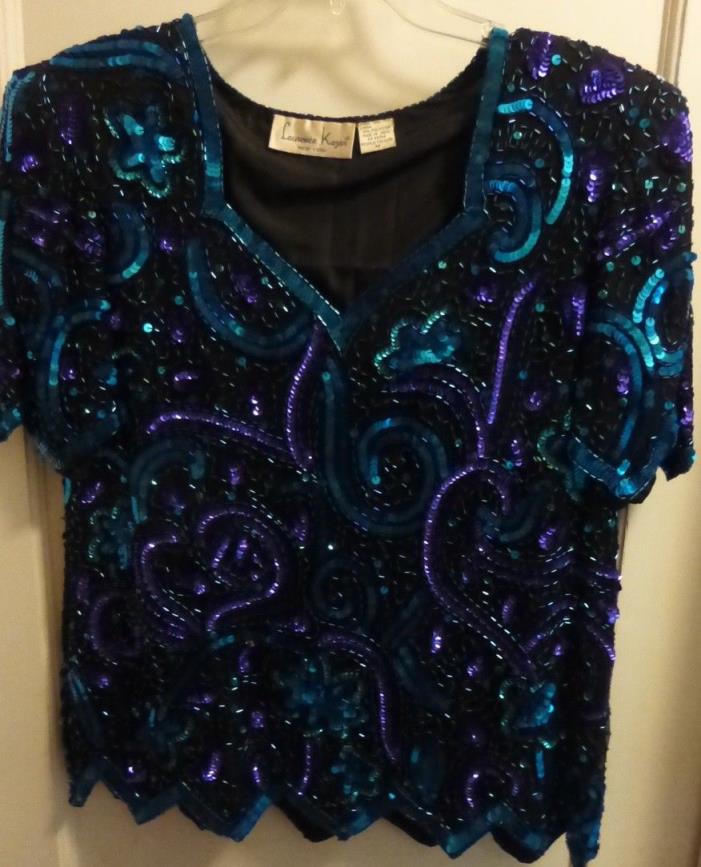 Vintage LAURENCE KAZAR Sequin BEADED TOP Shirt Dressy Party TURQUOISE Lined SILK