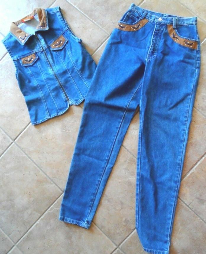 Crazy Larry Western denim rodeo show zip Vest blue jeans 2 pc faux suede Small 6