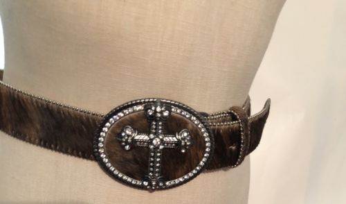 Western Rhinestone Fur Leather Mexico Belt Buckle Bling Cross XLarge Vtg