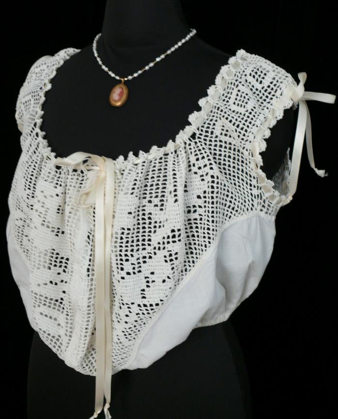 Antique Corset Cover Camisole Chemise Crochet Cotton Rose Design XL (rare size)