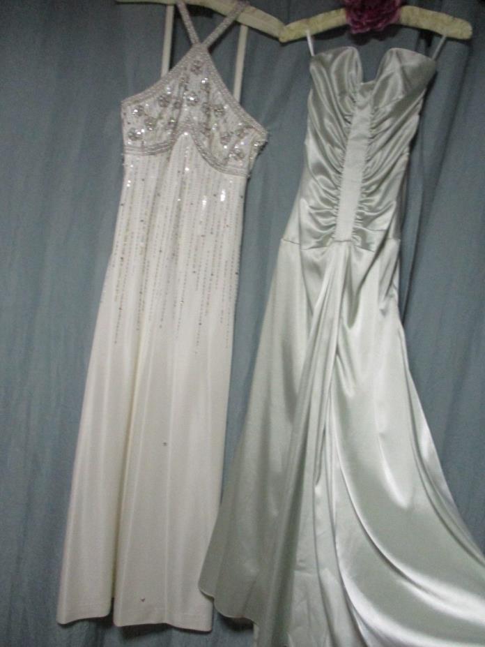 Lot 2 ART DECO 1930 y vtg prom gowns green satin white halter beads AS IS 2 XS