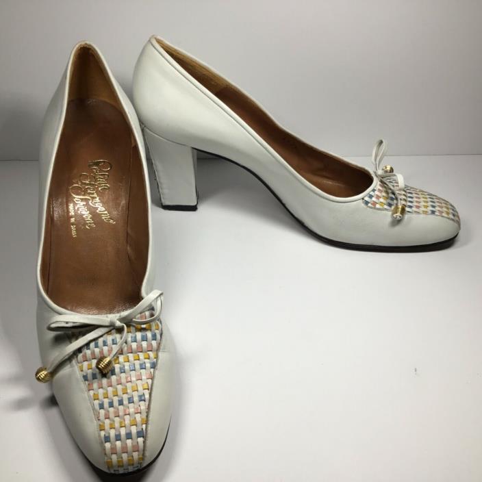 Rosina Ferragamo Schiavone Heels Womens 9N Vintage White Leather Shoes Spain