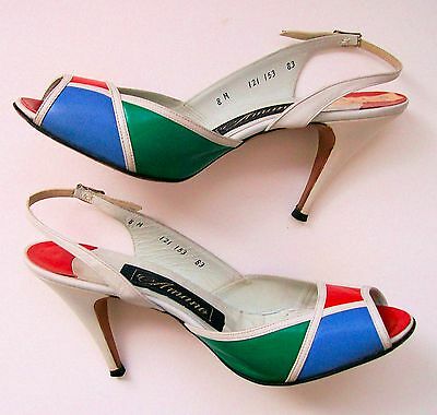 Vintage Geometric Heels Leather Open Toe Amano  Womens Size 8 Pumps Multi-Color