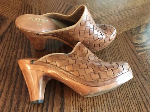 Connie Women’s Vtg Leather Weave Tan Clogs Size 9 M Brazil Wooden Platform Heels