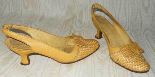 Vintage 60s Amalfi Straw Raffia & Leather Bow Slingback Shoes 5 Mixed Material
