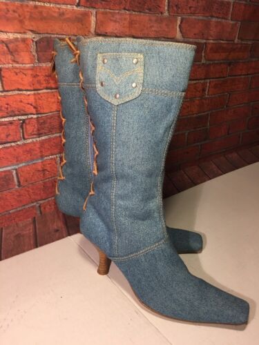 Vintage Late 80's-90's All Denim W/ Tan Leather Lace-up Boots Woman Size 9M Low