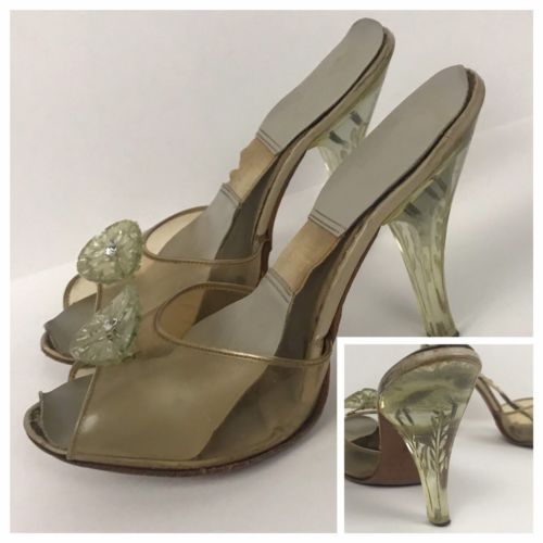 1950s Lucite Springolators High Heels / Clear Lucite Stiletto Open Toe Shoes 5
