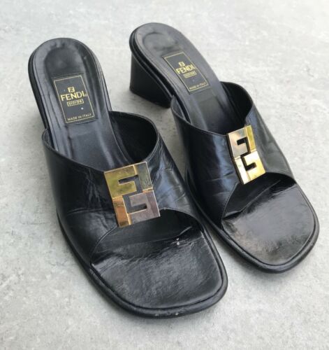 Vintage 90s Fendi Mule Short Heels Pumps Shoes Black Leather Gold Buckle Logo 8