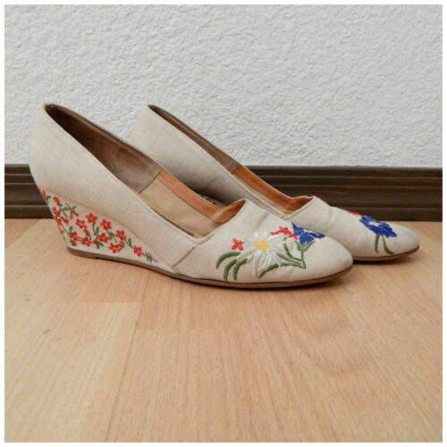 Womens Vintage 70s Palter Deliso Embroidered Wedge High Heel Shoes Sz 9 Narrow