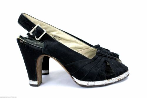 VTG WW2 1940s Shoes  5.5 Black Silk Leather/Silver Peep Toe Sling Back Platforms