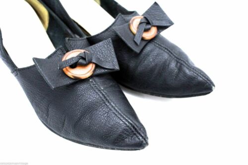 VTG 1950s Pointed Toe Shoes Kitten Heels Black Leather Rockabilly Raub 6 1/2M