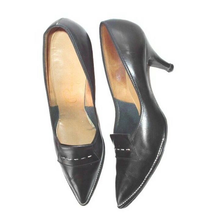 True Vintage 1960's Black Leather Dress Heels Shoes - Sz 7 N
