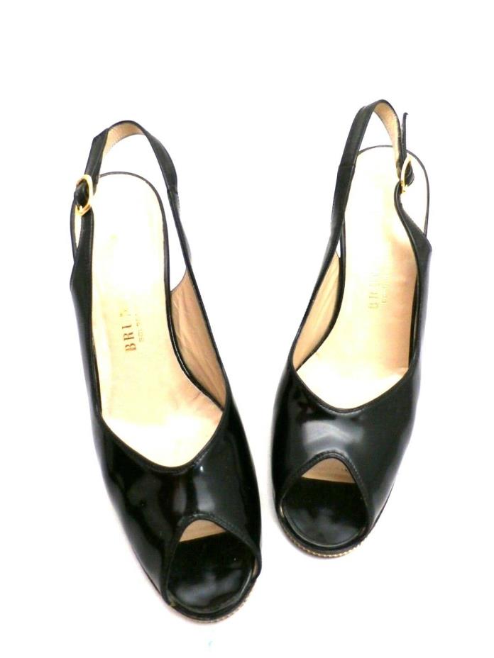 VTG Womens Bruno Magli Black Patent Leather Peep Toe Sling Back Shoes 6M 70S