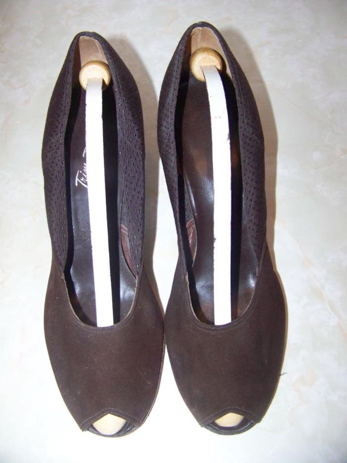 Vintage Trim Tred Shoes-Brown Suede & Fabric-Heels-Peep Toe-Size 9.5-Narrow Heel