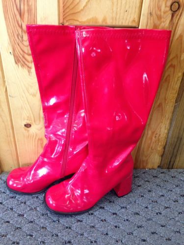 Vtg 60-70's RED Shiny Vinyl Chunky Heel Go Go Disco Costume Boots 8