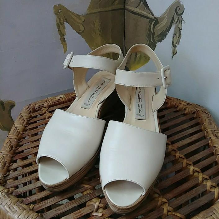 Made in Italy Via Spiga Ivory Leather Vintage Wooden Platform Shoes Size 8.5