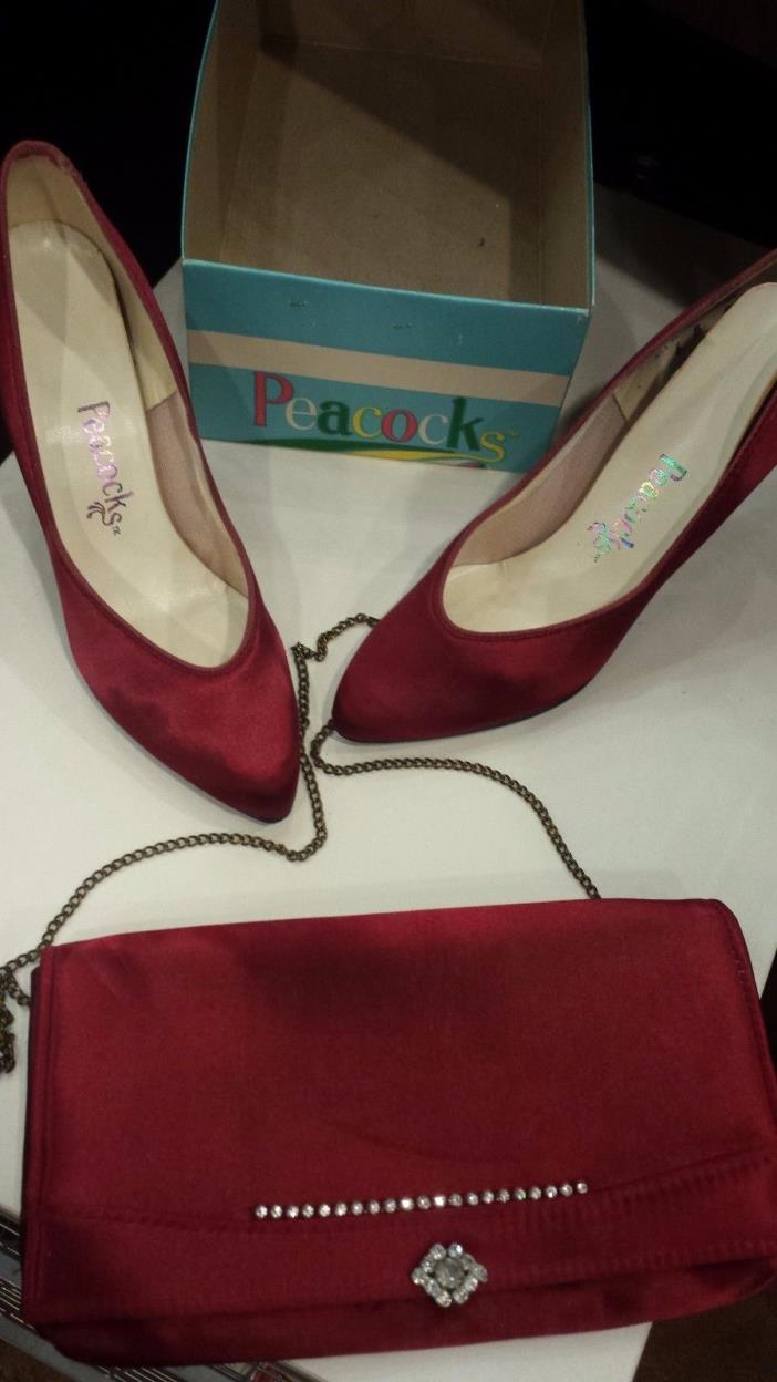 VTG 1960s Women's Peacocks Pumps Shoes and matching Purse Satin Maroon Size 6M