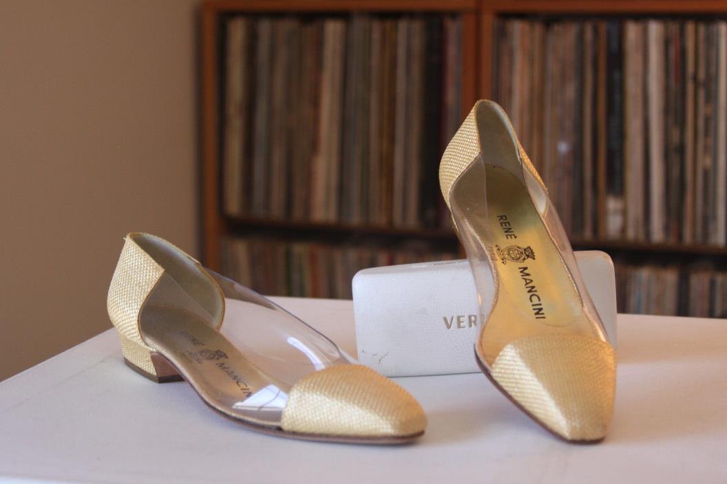 Rene Mancini Paris Gold Fabric Acrylic Panels Heels Made In France Size  37 1/2