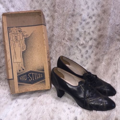 Vintage 1930s Black Lace Up Shoes Oxford Pump Society Maid Heels Original Box