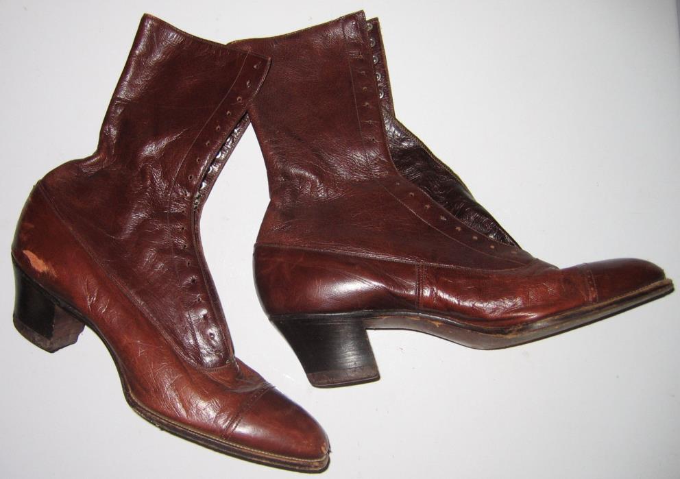 Early 1900s Vintage Brown Heeled Boots size 6 narrow leather lady womens shoes