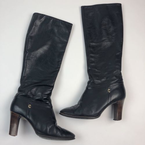 Vtg 1970s Cobbies Lucky Lady Womens Knee High Boots Side Zip High Heel Black 8.5