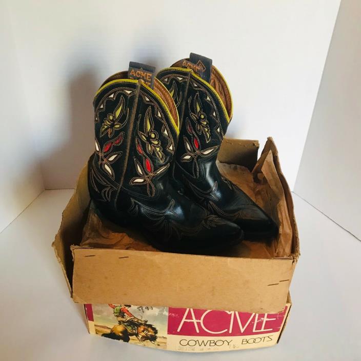 Acme Cowboy Boots Pee Wee Boots with Box Black Tan & Red with Yellow