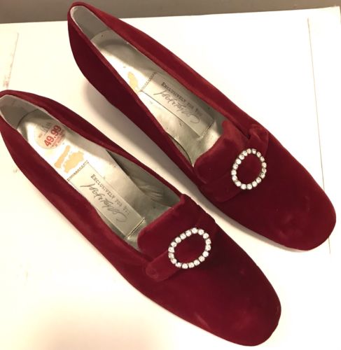 Lord and Taylor Red Velvet Rhinestone Buckle Shoes Sz 7.5b US Women New Vintage