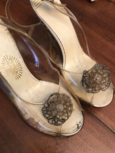 Vintage Lucite Sling Back Shoes Sz 7.5 Highlights of Fashion Top Bow Decor (7)