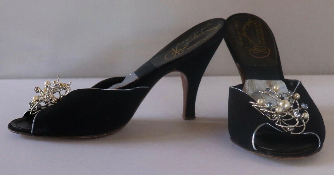 Vintage Gainsborough Miami Beach Spring-O-Lator Black Suede Mule Heel Shoes