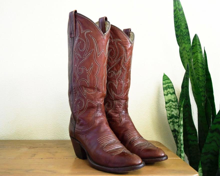 DAN POST Women's 5 Tall Brown Leather Cowboy Boots Western Cowgirl Stacked Heel
