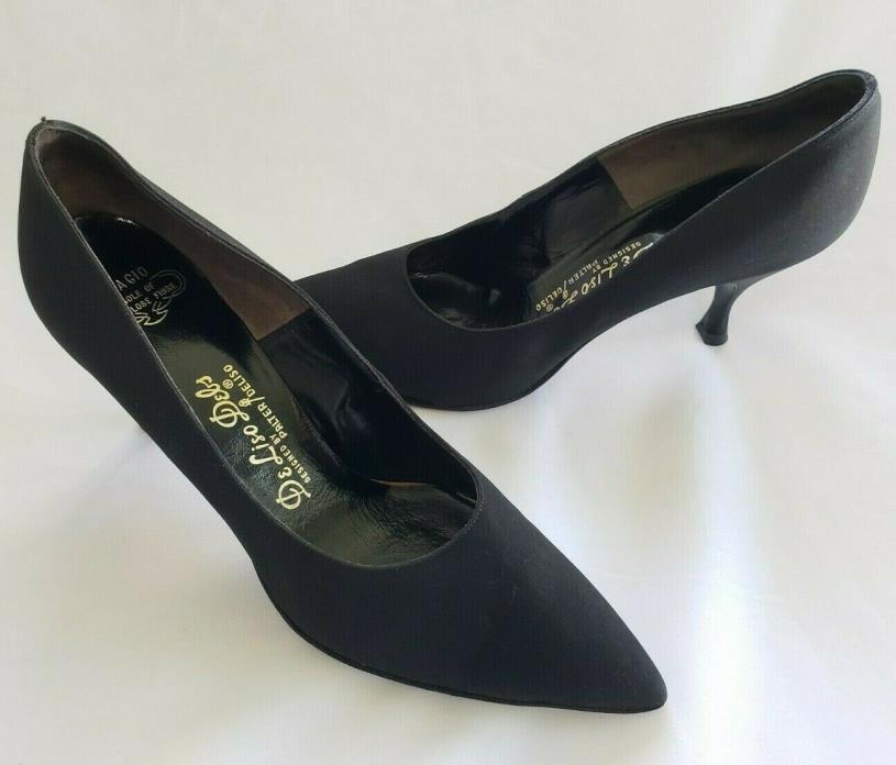 DeLiso Debs Vintage 50s 60s Luxury Designer Black Satin Pumps Heels Size 9