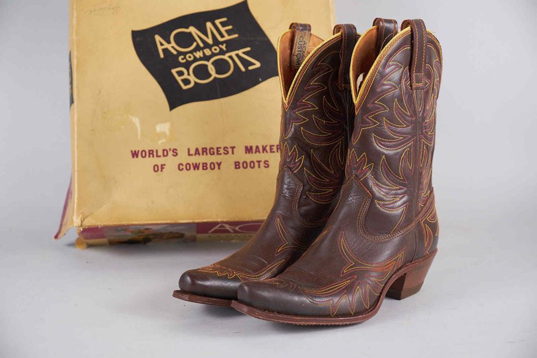 Vintage 1950s Acme Cowboy Boots Womens Size 6 1/2 w/ Box Brown Leather Boots