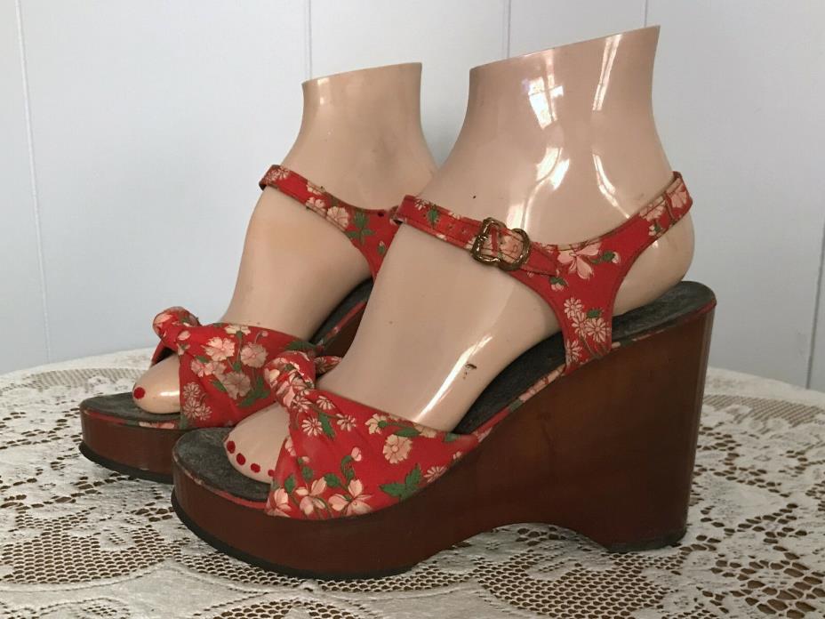 Platform Shoes Red Floral Wedge Heel Festival Boho Vintage Vtg 7 1/2 - 8