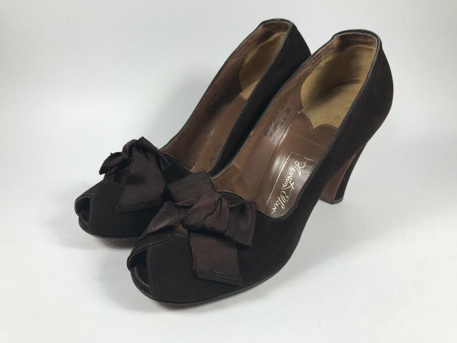 40s Shoes Heels Brown Bow Suede Leather Peep Toe 7
