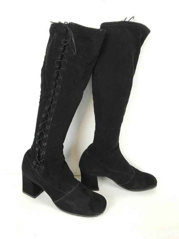 Vintage 60s Black Velvet 5.5 Corset Stretch Knee High Calf Gogo Boots Mod Laceup